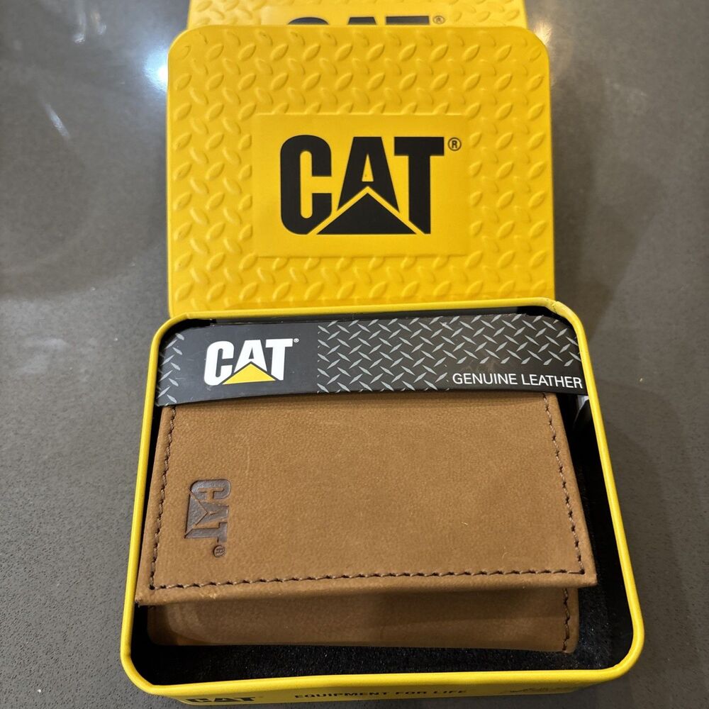 CAT Caterpillar Trifold Leather RFID Wallet  Embossed Logo- Tan W/ Gift Tin